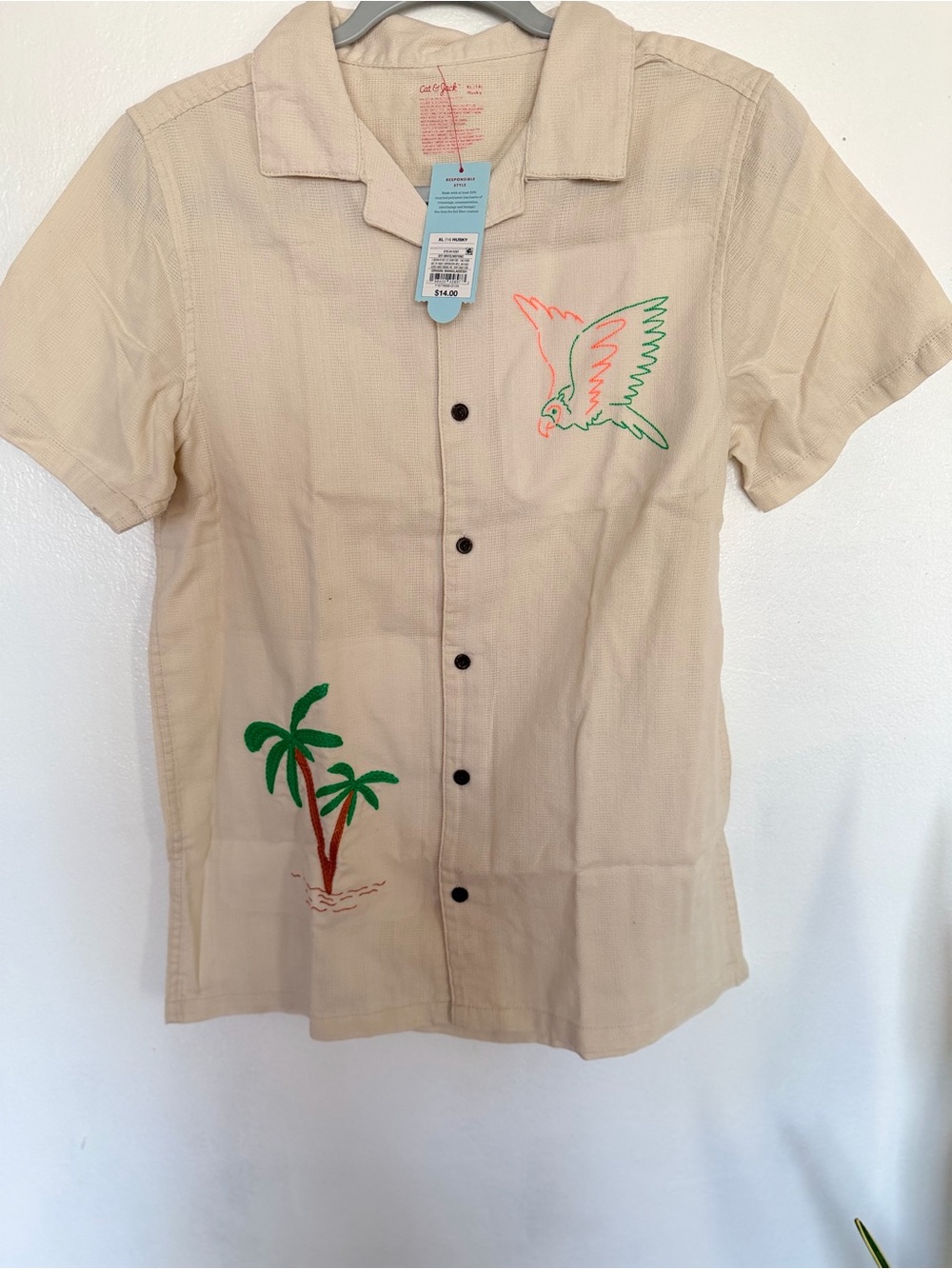 Cat & Jack Beige Camp Shirt with Green Palm & Orange-Green Bird Embroidery